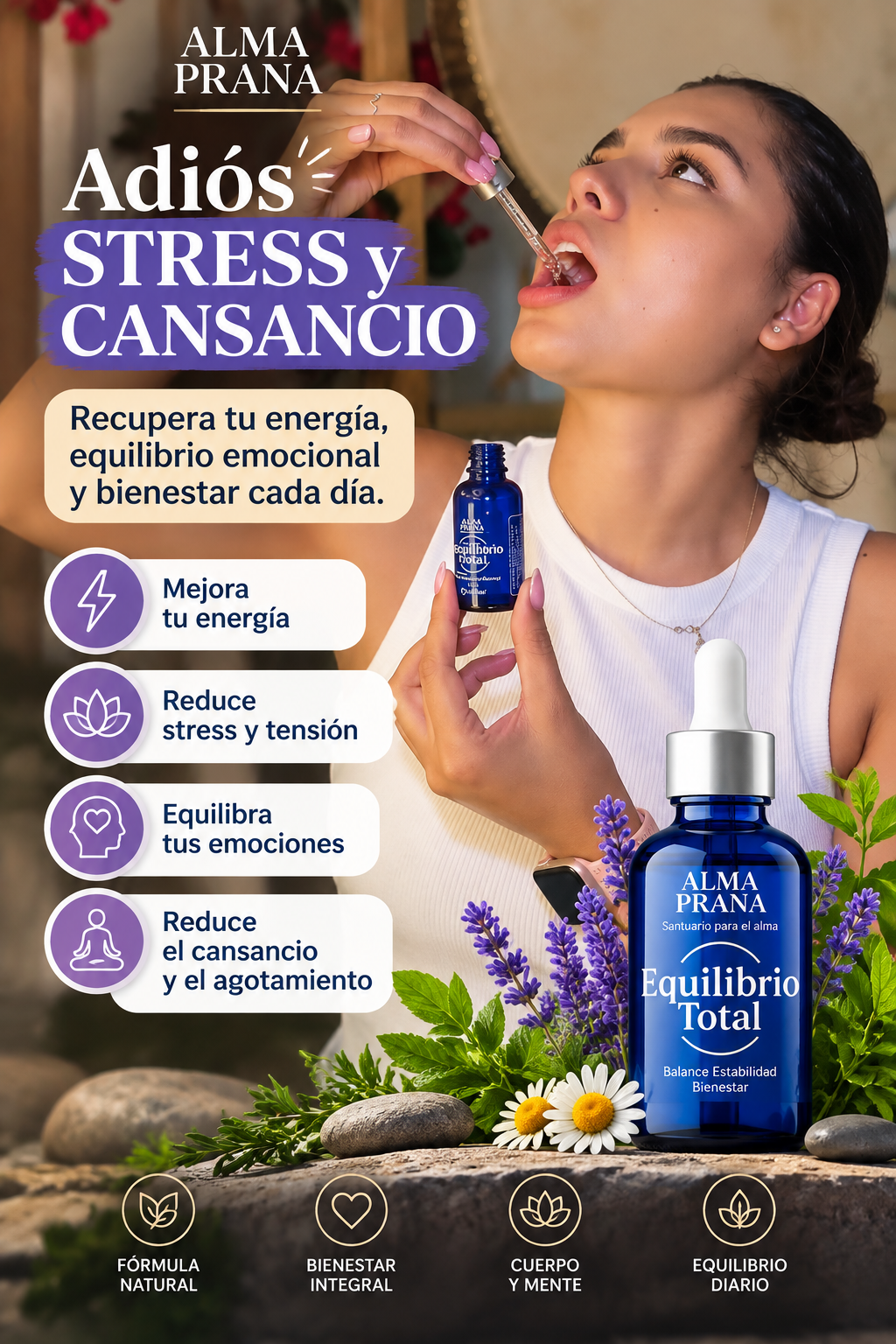 Promocional Equilibrio Total: mujer tomando la esencia floral azul Alma Prana bajo el texto Adiós stress y cansancio.