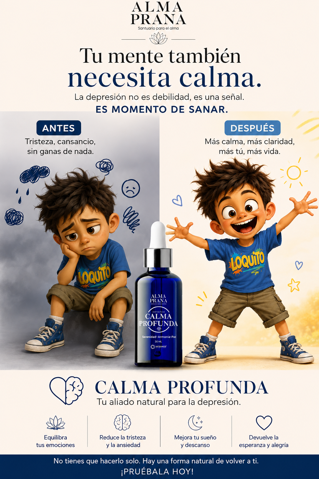 Promocional Calma Profunda: niño acompañado por la esencia azul Alma Prana para equilibrar emociones y descanso.