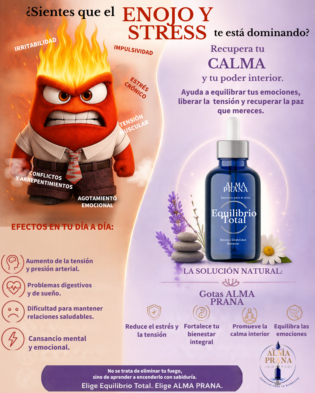 Imagen promocional de Equilibrio Total: frasco azul cobalto Alma Prana sobre arena con hojas de salvia y luz dorada.