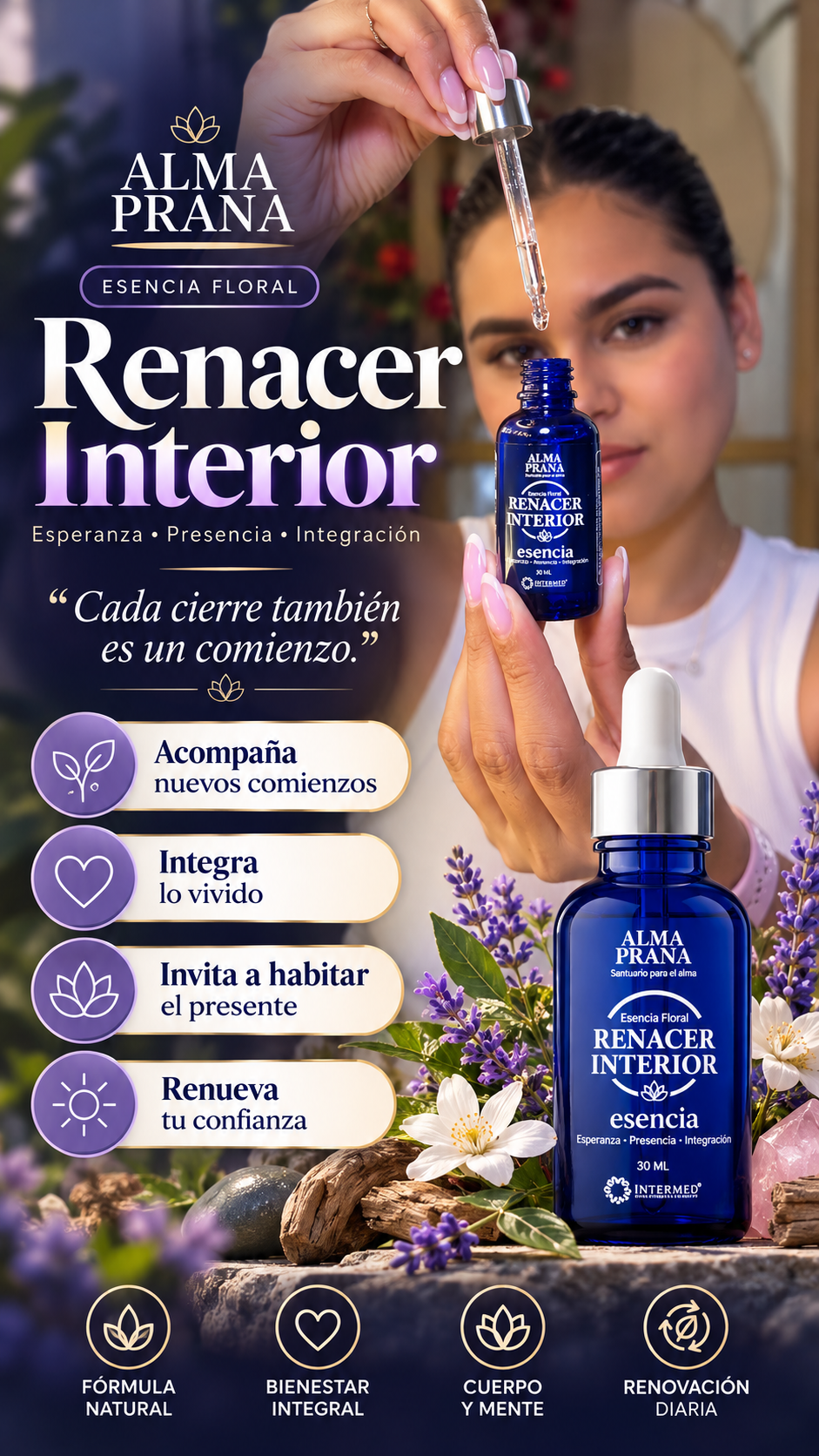 Promocional Renacer Interior: mujer sosteniendo el gotero de la esencia floral azul Alma Prana, con el texto Cada cierre también es un comienzo.