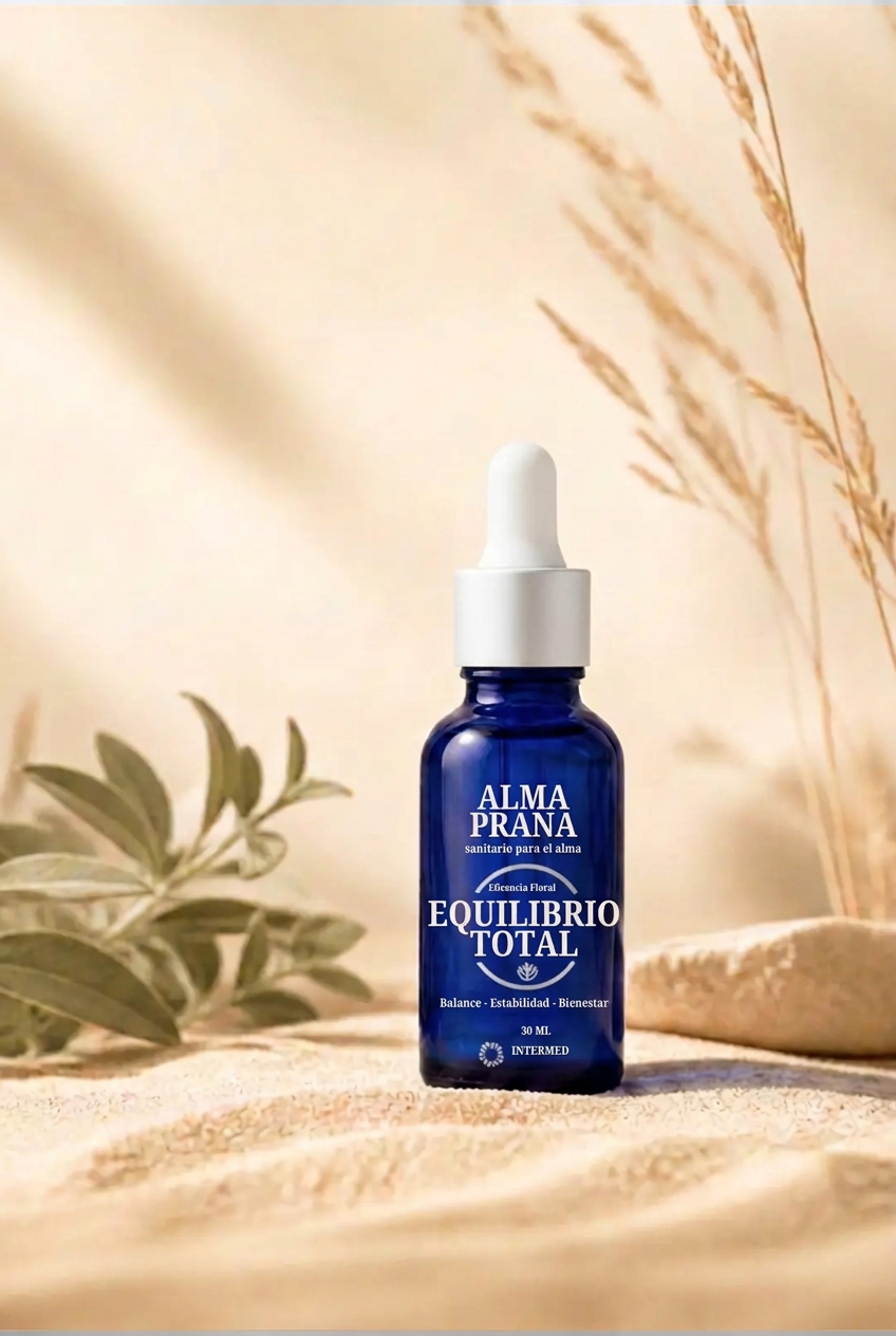 Frasco azul cobalto de la esencia Equilibrio Total con logo Alma Prana y gotero blanco, sobre tela arena con pastos secos, hojas de salvia y luz cálida.