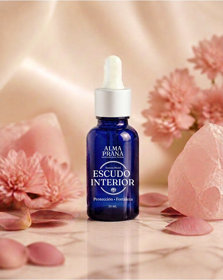 Frasco azul cobalto de la esencia Escudo Interior de Alma Prana con gotero y tapa blancos, sobre mármol crema entre flores rosadas y cuarzo rosado.
