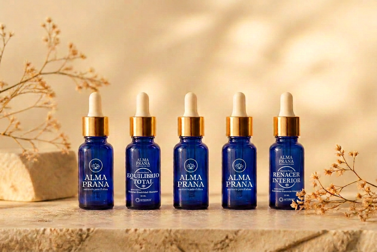 Los cinco frascos azul cobalto de las Esencias Alma Prana, con logo grabado y goteros blancos, alineados sobre piedra crema