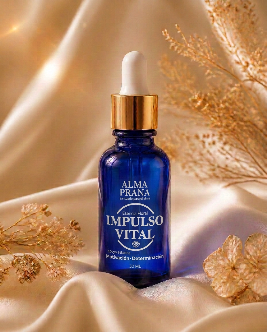 Frasco azul cobalto de la esencia Impulso Vital con logo Alma Prana y tapa dorada sobre seda color miel con botánicos dorados y destellos de luz.