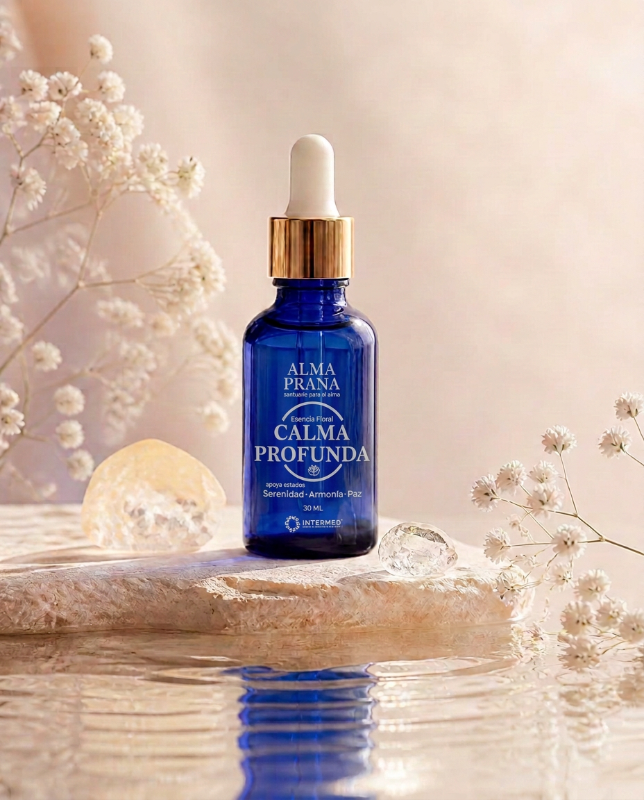 Frasco de vidrio azul cobalto de la esencia Calma Profunda, con el logo grabado Alma Prana y gotero blanco, entre flores delicadas y cuarzo bajo luz cálida.