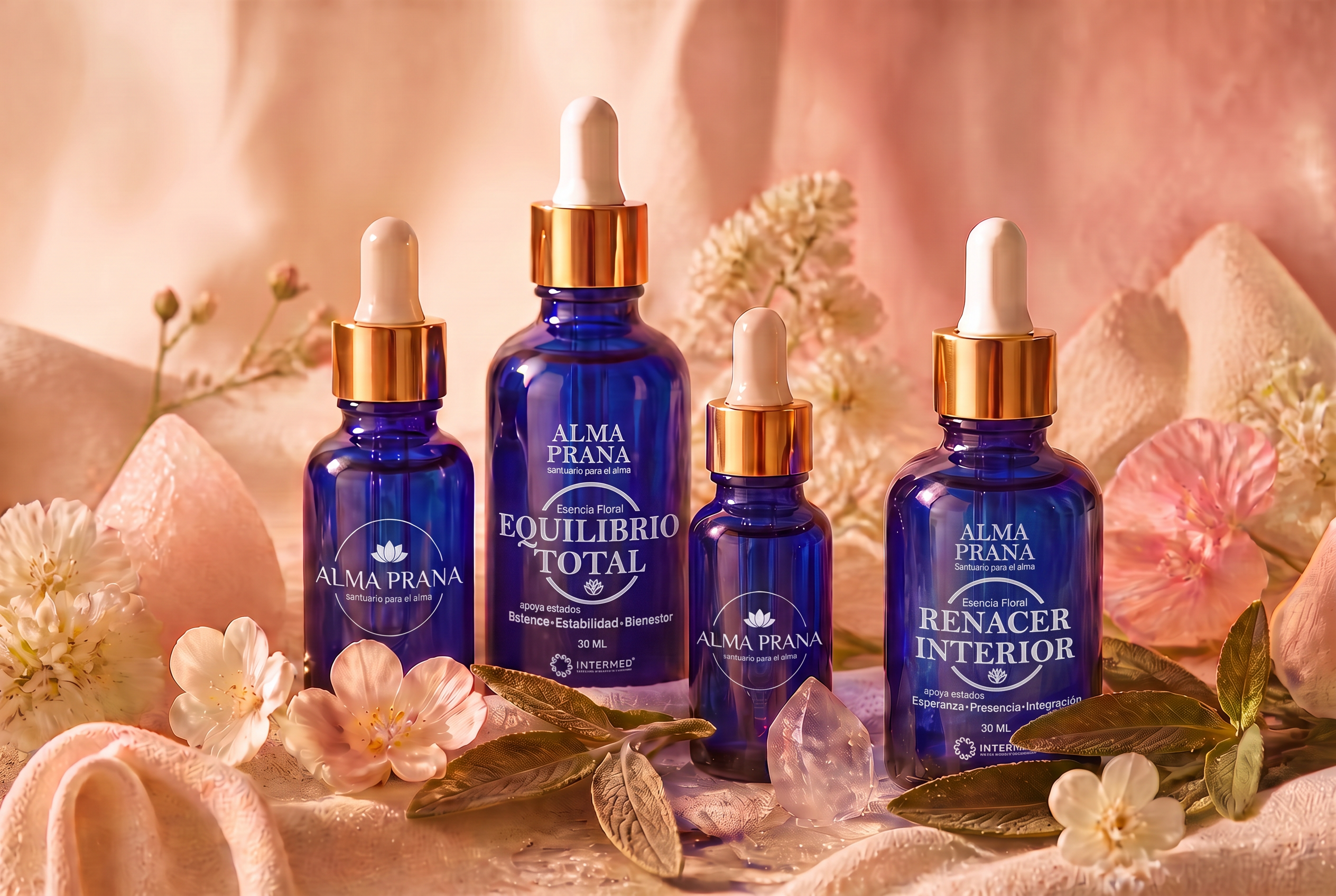 Frascos de vidrio azul cobalto de las Esencias Alma Prana, con logo grabado y tapa dorada, entre flores delicadas, cuarzos y hojas de salvia bajo luz cálida